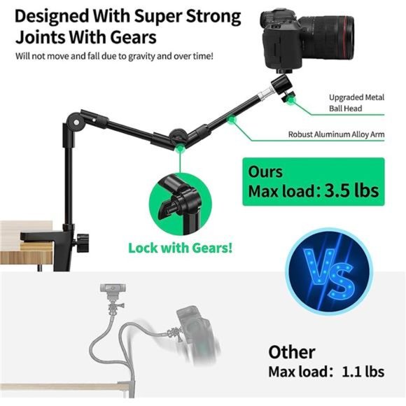 Webcam Stand Camera Mount with Phone Holder & 5/8"Screw, 25in Flexible Stand - Picture 5 of 6